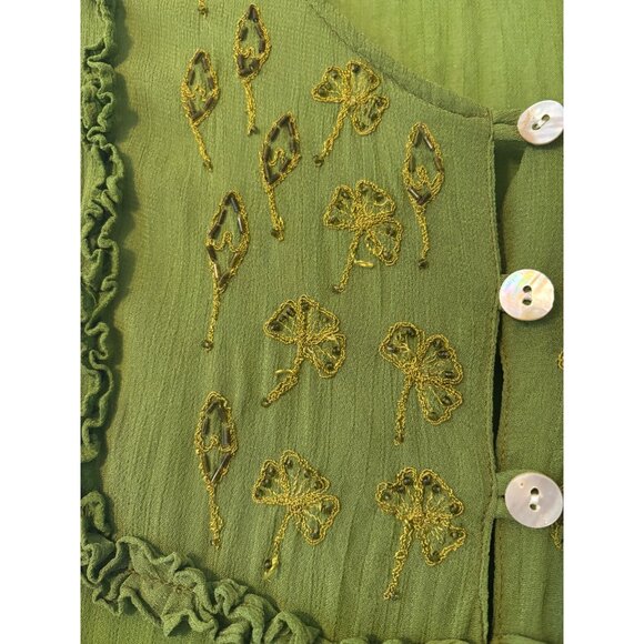 Vintage Boho Chic Green Embroidered Button-Down Tunic Top By CGNY Long Sleeve - Picture 6 of 14